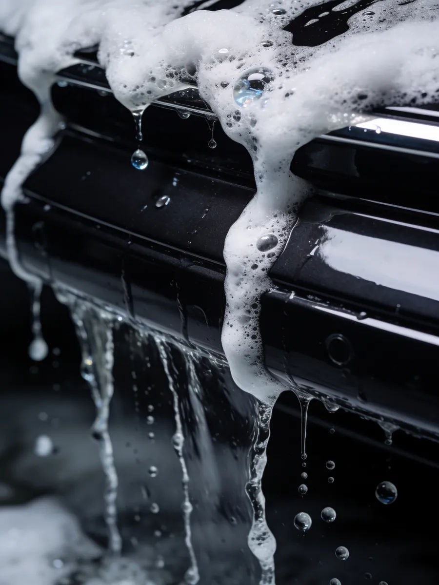 Foam and water sheeting down a glossy dark car panel.