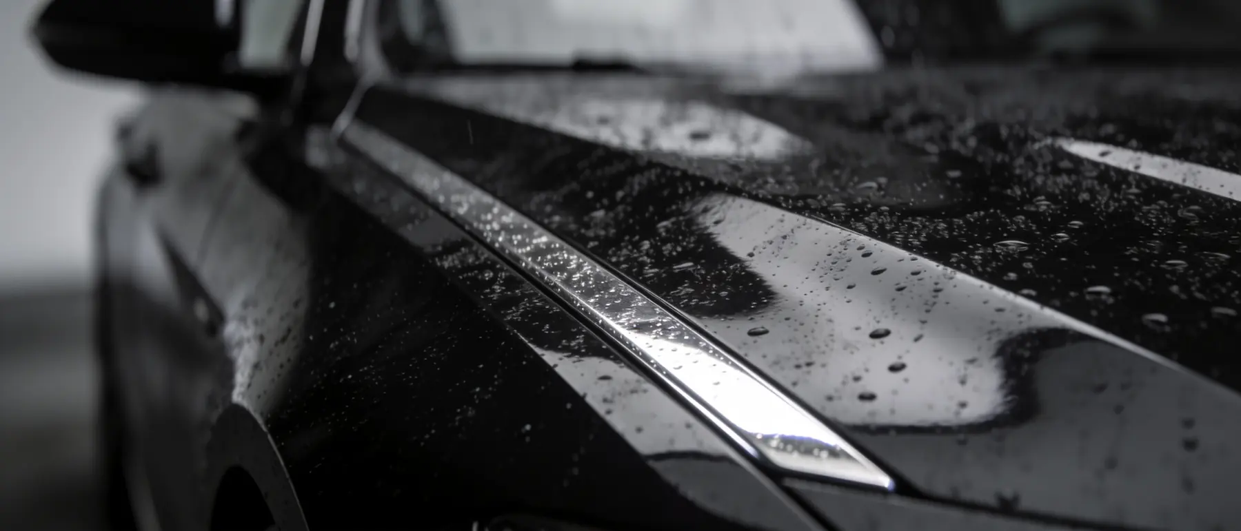 A dark car body catching green-tinted light, wet with fine droplets.